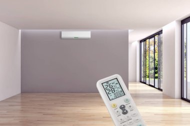 Klima ve uzaktan kumanda 3d render çizim ile modern iç daire