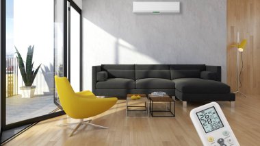 Klima ve uzaktan kumanda 3d render çizim ile modern iç daire