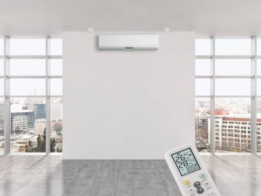 Klima ve uzaktan kumanda 3d render çizim ile modern iç daire