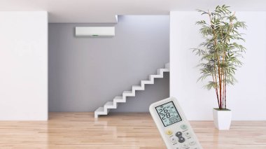 Klima ve uzaktan kumanda 3d render çizim ile modern iç daire
