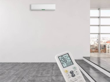 Klima ve uzaktan kumanda 3d render çizim ile modern iç daire