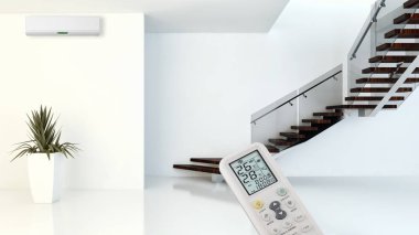 Klima ve uzaktan kumanda 3d render çizim ile modern iç daire