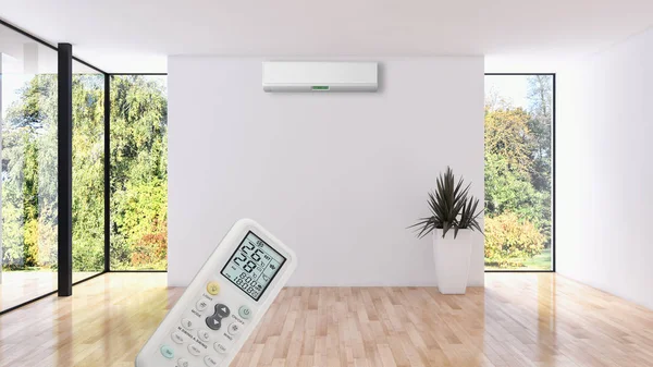 Klima ve uzaktan kumanda 3d render çizim ile modern iç daire