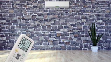 Klima ve uzaktan kumanda 3d render çizim ile modern iç daire