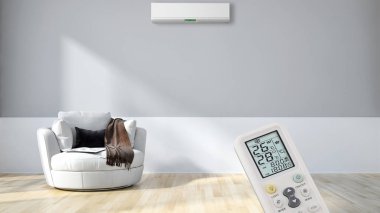 Klima ve uzaktan kumanda 3d render çizim ile modern iç daire