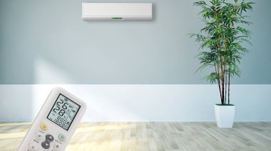 Klima ve uzaktan kumanda 3d render çizim ile modern iç daire