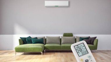 Klima ve uzaktan kumanda 3d render çizim ile modern iç daire