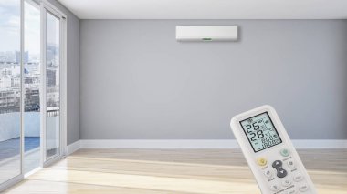 Klima ve uzaktan kumanda 3d render çizim ile modern iç daire