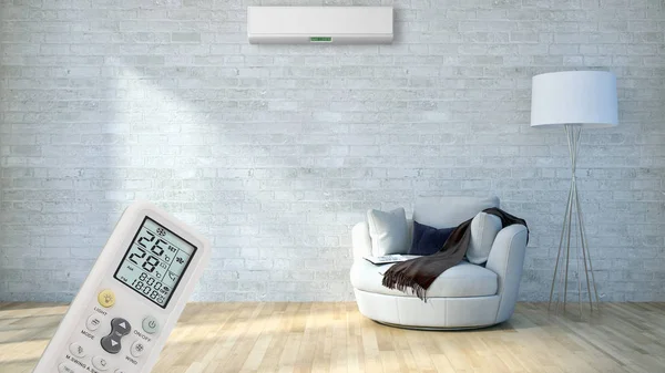 Klima ve uzaktan kumanda 3d render çizim ile modern iç daire