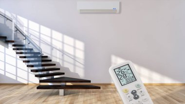 Klima ve uzaktan kumanda 3d render çizim ile modern iç daire