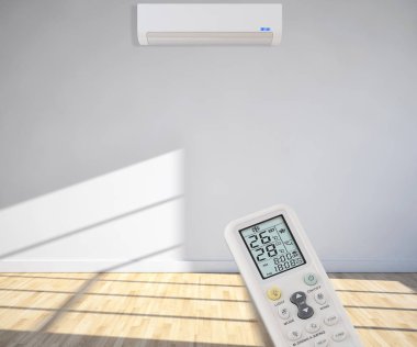 Klima ve uzaktan kumanda 3d render çizim ile modern iç daire