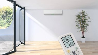 Klima ve uzaktan kumanda 3d render çizim ile modern iç daire
