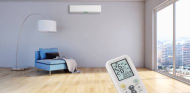 Klima ve uzaktan kumanda 3d render çizim ile modern iç daire