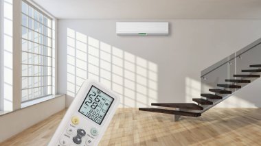 Klima ve uzaktan kumanda 3d render çizim ile modern iç daire