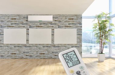 Klima ve uzaktan kumanda 3d render çizim ile modern iç daire