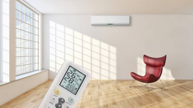 Klima ve uzaktan kumanda 3d render çizim ile modern iç daire