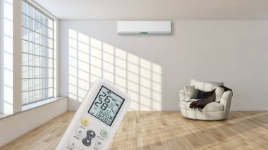 Klima ve uzaktan kumanda 3d render çizim ile modern iç daire
