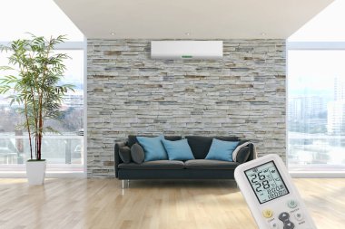 Klima ve uzaktan kumanda 3d render çizim ile modern iç daire