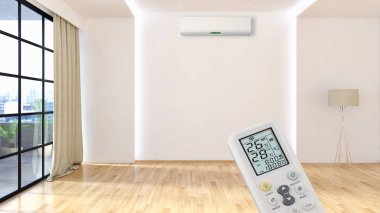 Klima ve uzaktan kumanda 3d render çizim ile modern iç daire