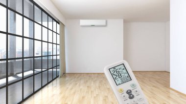 Klima ve uzaktan kumanda 3d render çizim ile modern iç daire