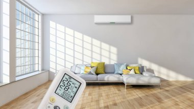 Klima ve uzaktan kumanda 3d render çizim ile modern iç daire