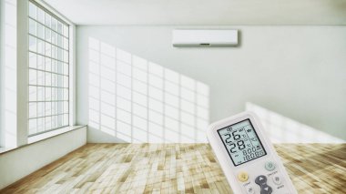 Klima ve uzaktan kumanda 3d render çizim ile modern iç daire