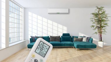 Klima ve uzaktan kumanda 3d render çizim ile modern iç daire