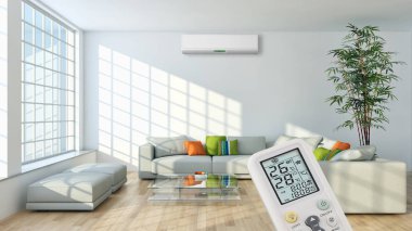 Klima ve uzaktan kumanda 3d render çizim ile modern iç daire