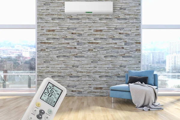 Klima ve uzaktan kumanda 3d render çizim ile modern iç daire