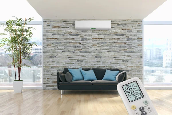 Klima ve uzaktan kumanda 3d render çizim ile modern iç daire