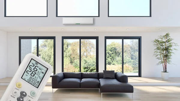 Klima ve uzaktan kumanda 3d render çizim ile modern iç daire