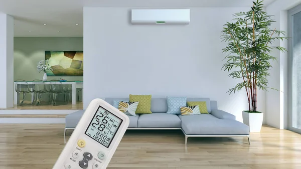 Klima ve uzaktan kumanda 3d render çizim ile modern iç daire