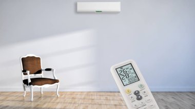 Klima ve uzaktan kumanda 3d render çizim ile modern iç daire