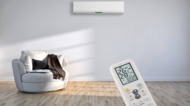 Klima ve uzaktan kumanda 3d render çizim ile modern iç daire