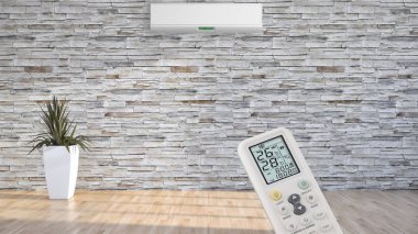 Klima ve uzaktan kumanda 3d render çizim ile modern iç daire