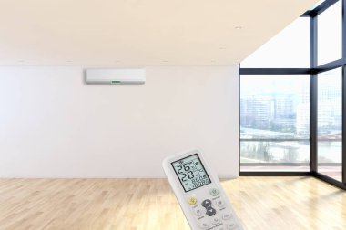 Klima ve uzaktan kumanda 3d render çizim ile modern iç daire
