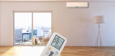 Klima ve uzaktan kumanda 3d render çizim ile modern iç daire