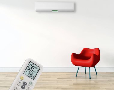 Klima ve uzaktan kumanda 3d render çizim ile modern iç daire