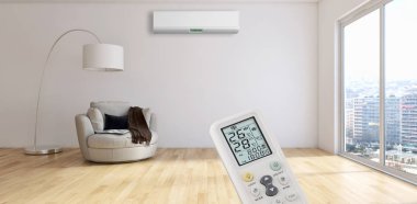 Klima ve uzaktan kumanda 3d render çizim ile modern iç daire