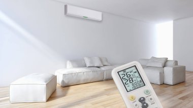 Klima ve uzaktan kumanda 3d render çizim ile modern iç daire