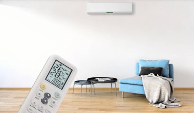 Klima ve uzaktan kumanda 3d render çizim ile modern iç daire