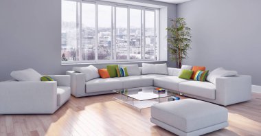 Modern parlak iç daire oturma oda 3d render illüstrasyon