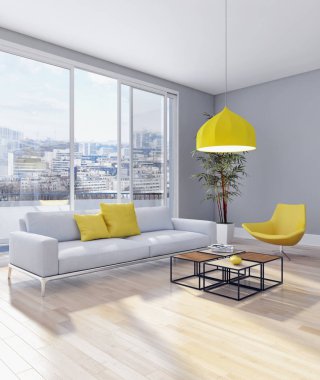 Modern parlak iç daire oturma oda 3d render illüstrasyon