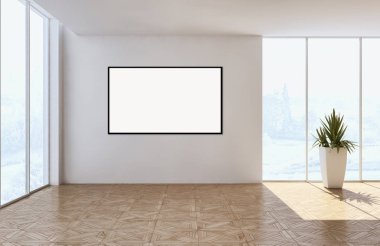 Modern parlak iç daire mockup poster çerçeve 3d render çizim ile