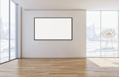 Modern parlak iç daire mockup poster çerçeve 3d render çizim ile