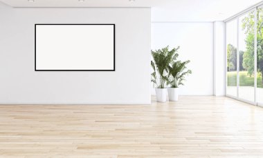 Modern parlak iç daire mockup poster çerçeve 3d render çizim ile
