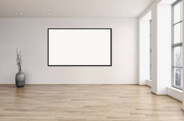 Modern parlak iç daire mockup poster çerçeve 3d render çizim ile