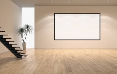Modern parlak iç daire mockup poster çerçeve 3d render çizim ile