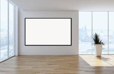 Modern parlak iç daire mockup poster çerçeve 3d render çizim ile