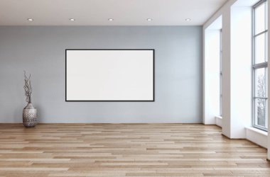Modern parlak iç daire mockup poster çerçeve 3d render çizim ile